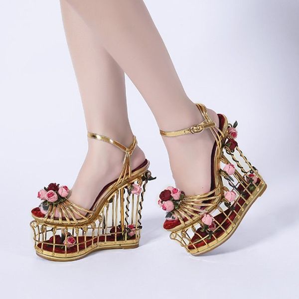 

sandals wedding genuine leather flower metal hollow heel platform velvet women's shoes gold big size 40 41 230223, Black