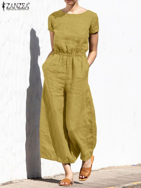 

women's jumpsuits rompers women short sleeve solid loose wide leg jumpsuits zanzea fashion summer rompers elastic waist long playsuits, Black;white