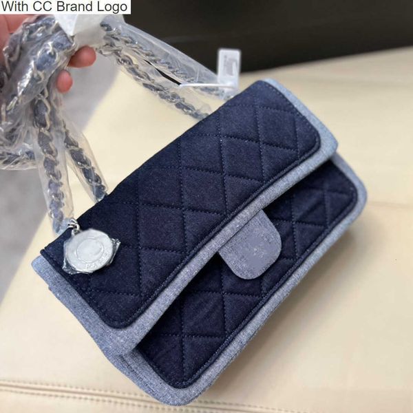 

luxury cc cross body classic single flap denim two-tone shoulder bags dark blue quilted silver metal hardware matelasse chain crossbody bag