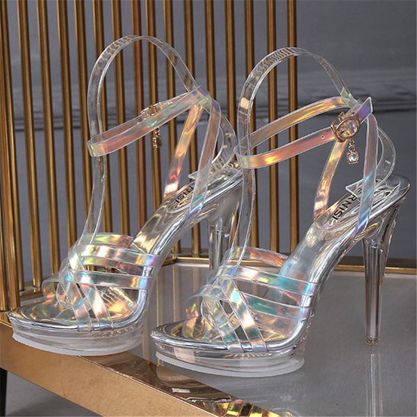 

sandals fashion women 12cm high heels 2cm platform sandals lady clear heels gladiator transparent strappy sandles summer prom shoes 230223, Black