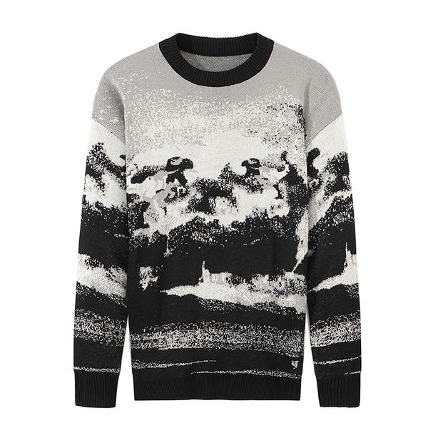 

men's tshirts varsanol vintage sweater men winter loose fashion print longsleeve o neck pull homme clothes black knitwear oversized 230, White;black