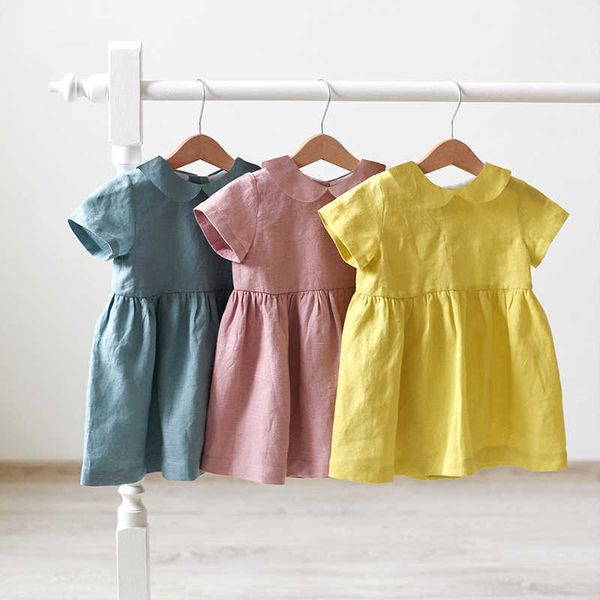 

girl's dresses cotton linen doll collar baby princess dress 2021 new girls' clothing spring and summer short-sleeve dress tz01 g23, Red;yellow