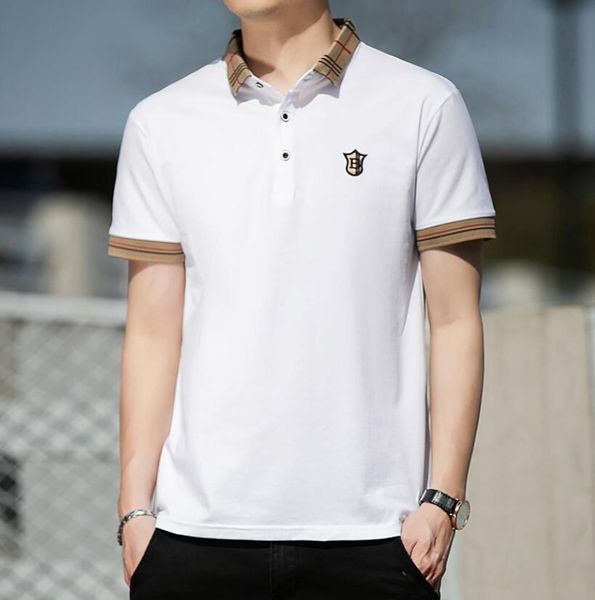 

new polo shirts men business slim short sleeve plaid lapel patchwork t-shirt male brand clothing letter embroidery vintage casual, White;black