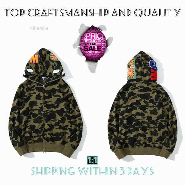 

craftsmanship mens hoodies shark pullover apes hoodie designer jacket tiger full zip color harajuku sweatshirt fashion co-branding camouflag, Black
