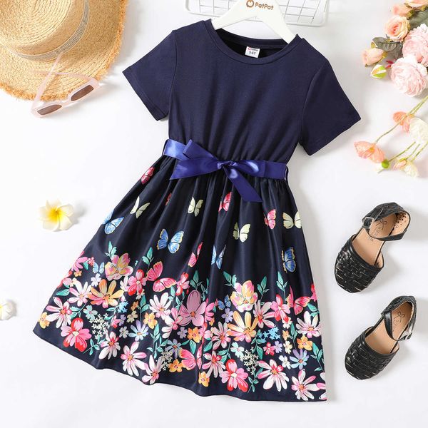 

girl's dresses kid girl floral print splice belted shortsleeve dress z0223, Red;yellow