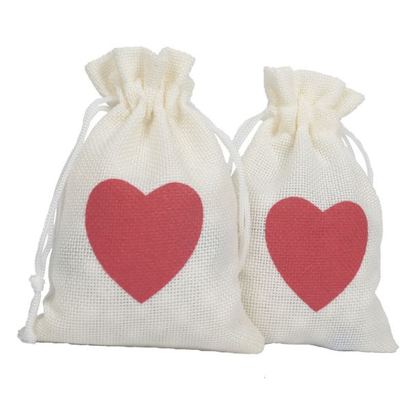 

waist bags 10pcslot 10x14cm love heart pattern white linen drawstring valentine's day party wedding jewelry candy gift jute pouch 23022
