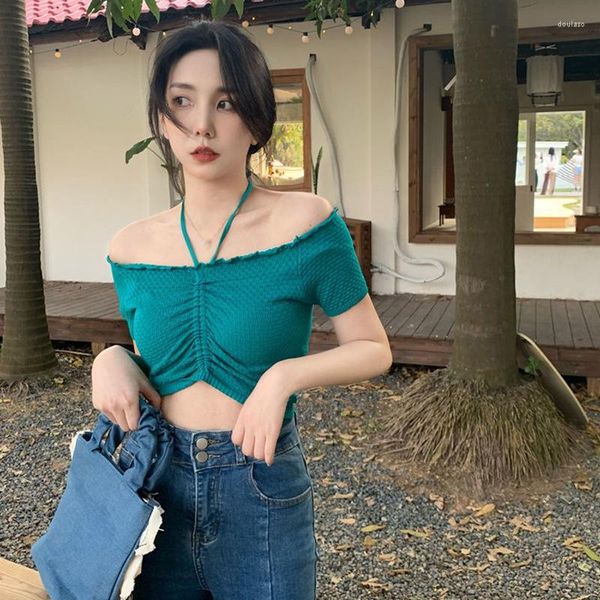 

women's t summer hanging neck tee shirt off shoulder chic y2k, White