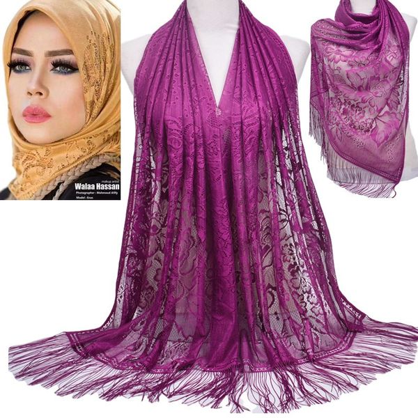 

muslim cloud hijab scarf shawl wraps pure color lace hollow fringed long, Blue;gray