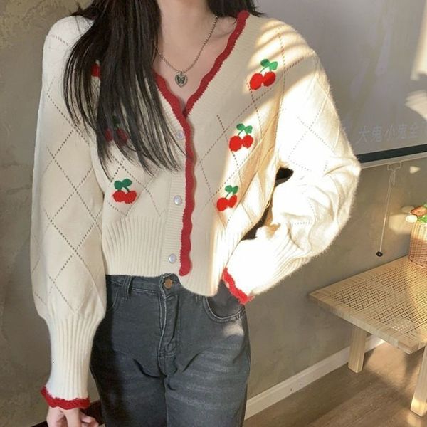 

women's knits tees biyaby autumn sweet cherry knit cardigans women button up v neck sweaters woman high street patchwork cardigan mujer, White