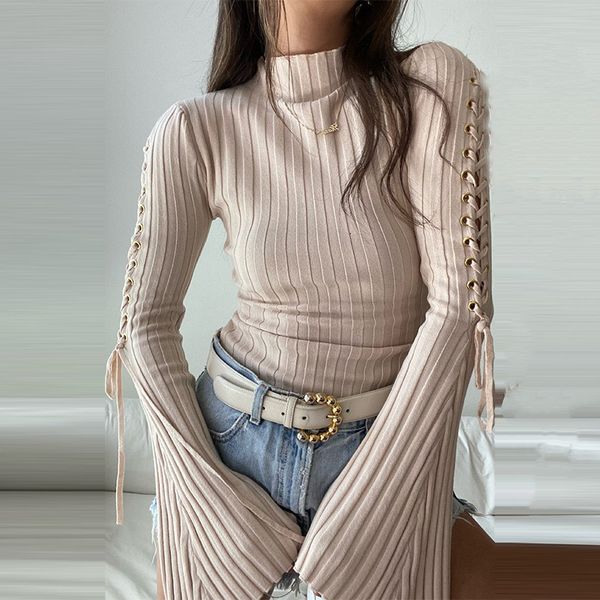 

women's blouses shirts elegant lace up rib knit bodysuit fashion outfits flare sleeve casual slim autumn bodycon romper 230223, White