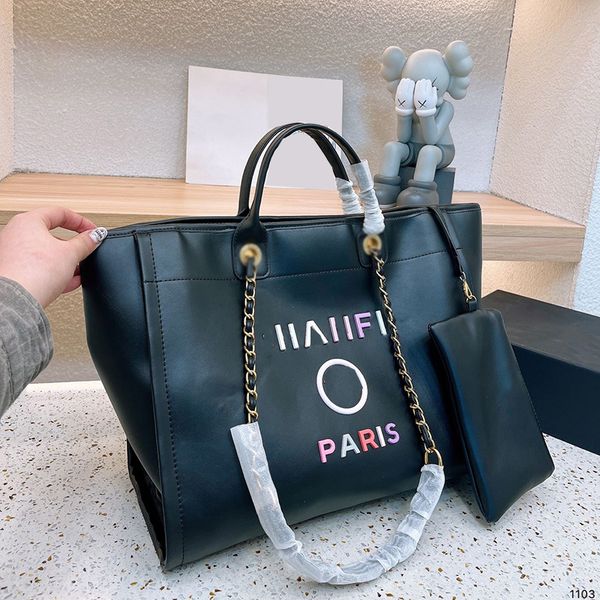 

womens designer genuine leather beach shopping bags colorful letter luxury pocket with deauville chain handle totes gold metal hardware cros