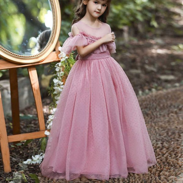 

girl's dresses girls elegant long tulle lace princess dresses teenager slash neck mesh party dress children's solid color wedding, Red;yellow
