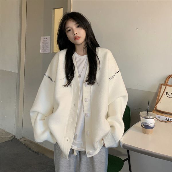 

women's knits tees autumn and winter lazy wind soft waxy sweet college style sweater cardigan female student korean style loose wear ou, White