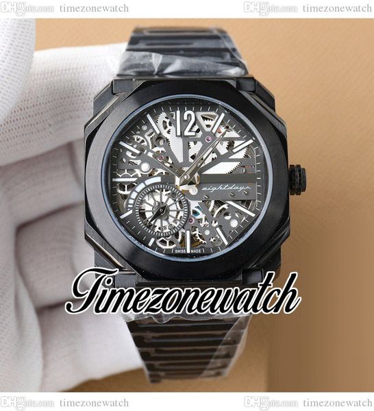 

43mm djf octo finissimo 103667 automatic mens watch skeleton dial white stick markers pvd black steel bracelet gents new watches twbg timezo, Slivery;brown