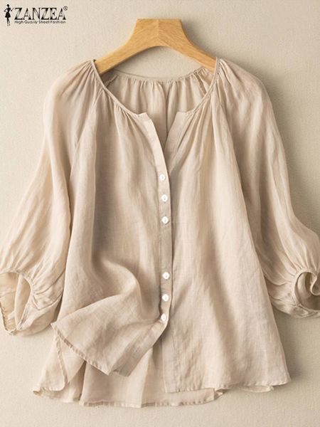 

women's blouses shirts zanzea women summer shirt elegant o neck 3/4 sleeve blouse casual solid tunic loose buttons chemise blusas femi, White