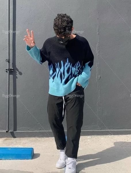 

men's tshirts sweater blue flame jacquard men's sweater couple pullover knit loose hiphop style flame man clothes 230223, White;black