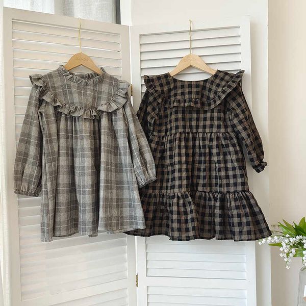 

girl's dresses 2022 autumn children girls dress vestido new long sleeve linen cotton plaid kids princess dresses robe vestidos de fiest, Red;yellow