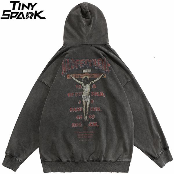 

mens hoodies sweatshirts hip hop men hoodie streetwear jesus letter print washed pullover autumn harajuku cotton hooded black 230222