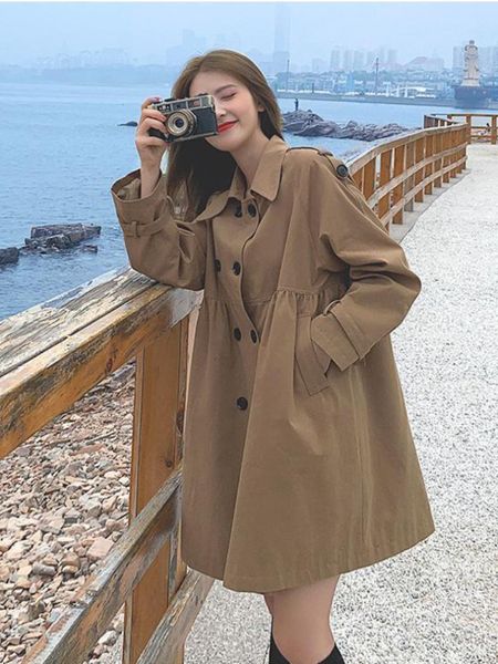 

women's trench coats spring clothes fashion loose lapels double row buttons long wind breaker work jacket coat for 230223, Tan;black
