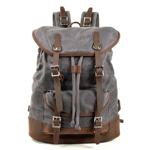 

backpack style canvas stitched real cow leather backpack men's outdoor travel sports mountaineering bag student computer schoolbag 2210