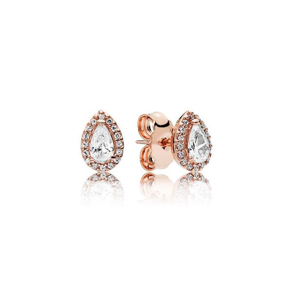 

18k rose gold teardrop halo stud earrings for pandora real sterling silver wedding jewelry for women girlfriend gift cz diamond earring set, Golden;silver
