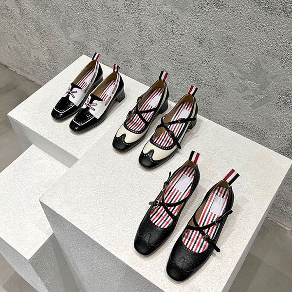 

dress shoes square toe mary jane women's shoes autumn and winter leather british style thick heel pumps cross strap 230223, Black