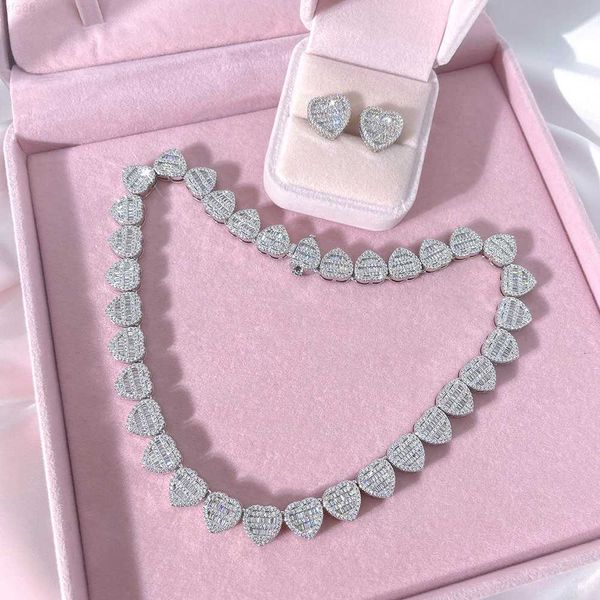 

silver jewelry iced out bling cubic zirconia diamond crushed heart necklace stud earrings