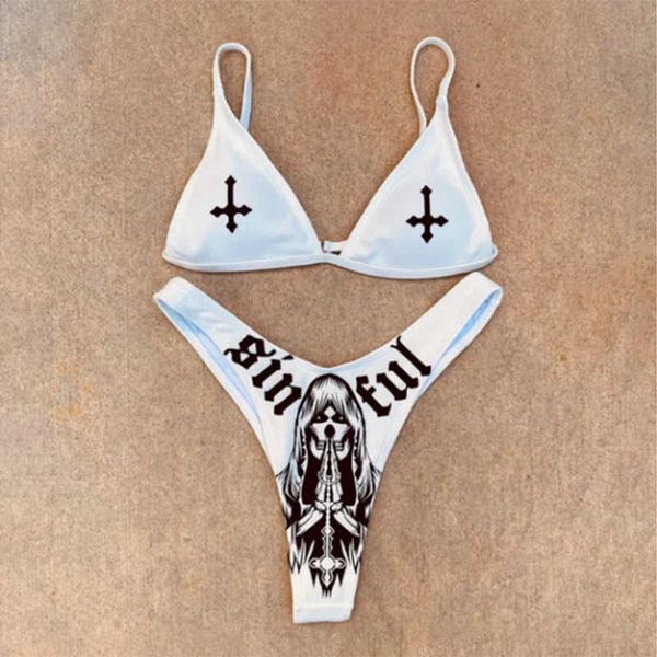 

women's swimwear goth emo bikini women twopiece skull print bikini suit split bathing suit high waist gothic swimsuit strap beach wear, White;black