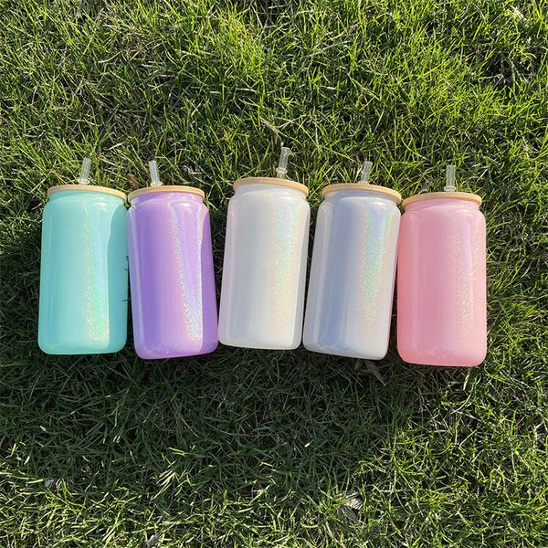 

16oz sublimation glass beer mug glitter mason jar shimmer tumbler with straw and lid