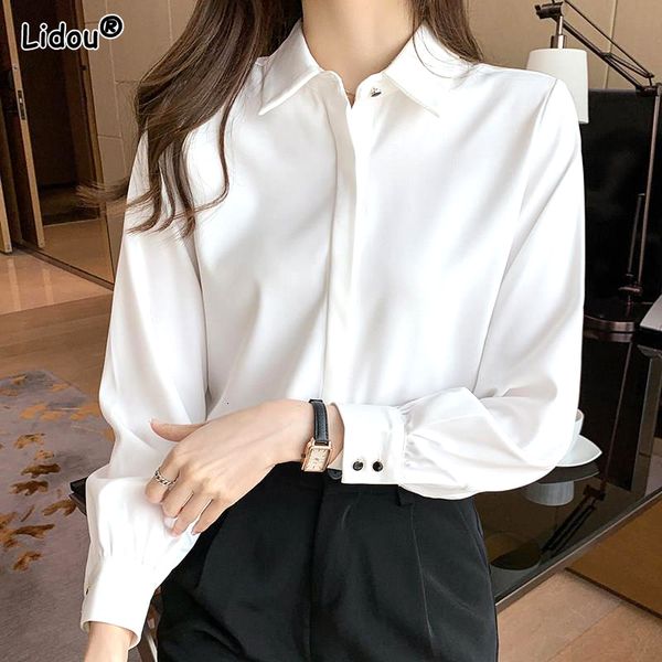 

women's blouses shirts elegant fashion korean white long sleeve covered button comfortable blouses straight loose wild solid color shir