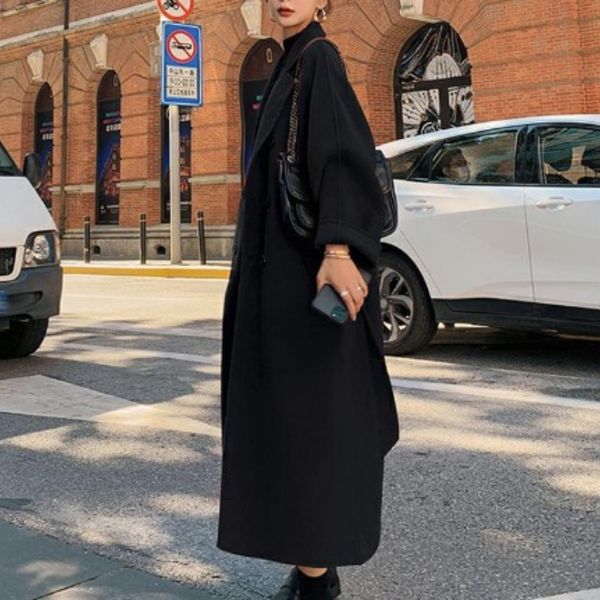 

women's jackets korea women spring autumn black loose long wool coat jacket belt woolen overcoat split hem cardigan outerwear cloth 230, Black;brown