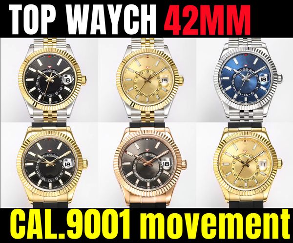 

men 42mm sky watch 9001 automatically supports monthly calendar 24h display 904l sky dual time zone sapphire watch waterproof diving215s, Slivery;golden