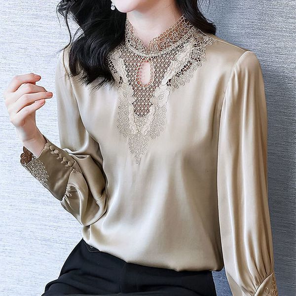 

women's blouses shirts elegant office lady embroidery spliced long sleeve blouse spring women's clothing hollow out stand collar s, White