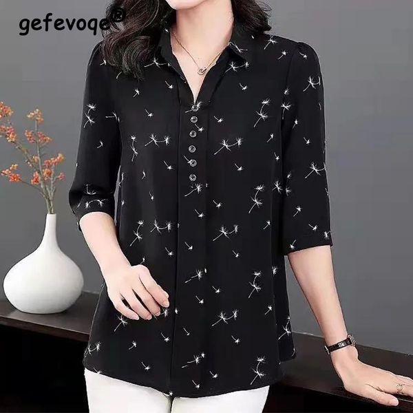 

women's blouses shirts casual vintage printing button chiffon shirt summer polo-neck half sleeve loose oversized pullovers blouse women, White