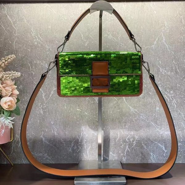 

new sequin cross body baguette bag women designer handbags same color leather cross body bags magnetic buckle removable real leather lined h