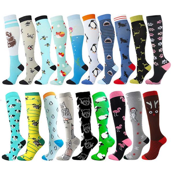 

5pc socks hosiery hysaixia compression socks funny pattern animals sheep monkey music cat men women pressure stockings knee high run sport s, Black;white