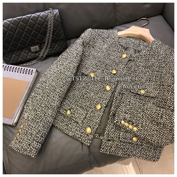 

womens jackets winter fashion korean chic vintage tweed woolen jacket coat women autumn single breasted plaid tassel office lady outwear 230, Black;brown