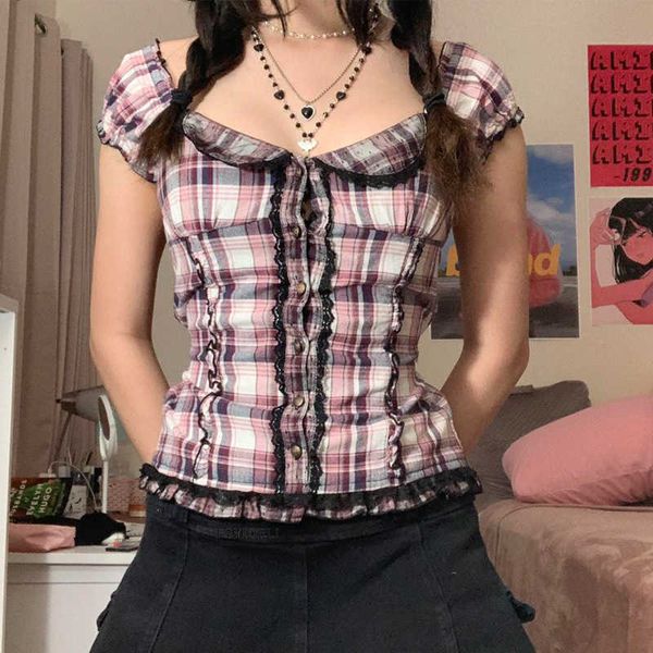 

women's t-shirt vintage y2k aesthetic women t-shirt waist bandage plaid single-breasted lace woman tshirts fashion harajuku l230223, White