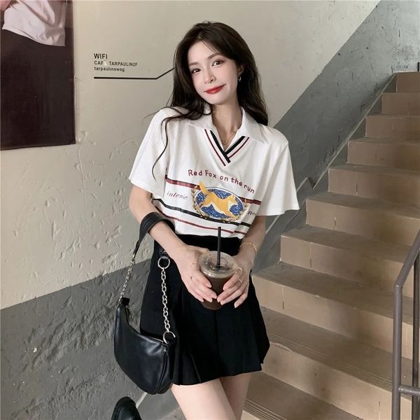 

women's blouses shirts design polo short sleeve tshirt ladies casual pattern summer sweetshirt aesthetic clothes loose preppy style 230, White