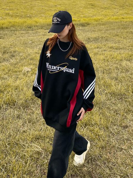 

men s hoodies sweatshirts autumn and winter men high street retro stitching polo shirt sweater wo loose thickened embroidered long sleeved 2, Black