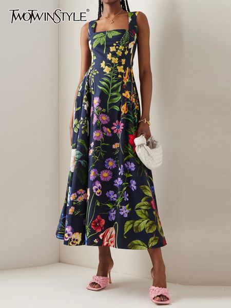 

casual dresses twotwinstyle colorblock print long dress for women square collar sleeveless gathered waist dresses female vintage clothing 23, Black;gray
