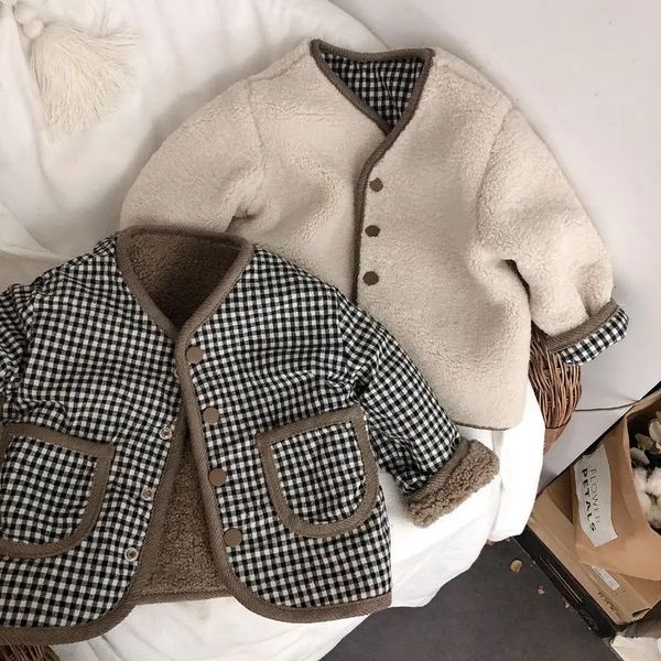 

coat children's thickened warm jacket autumn winter baby kids boys girls plaid wool korean jackets on both sides coats p4 355 230222, Blue;gray
