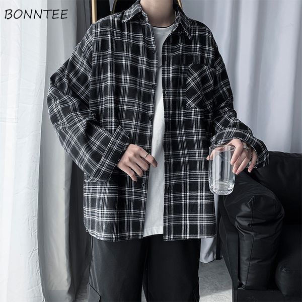 

men's casual shirts men shirts oversized cotton plaid shirt button up hip hop long sleeve korean harajuku mens clothing casual vintage, White;black