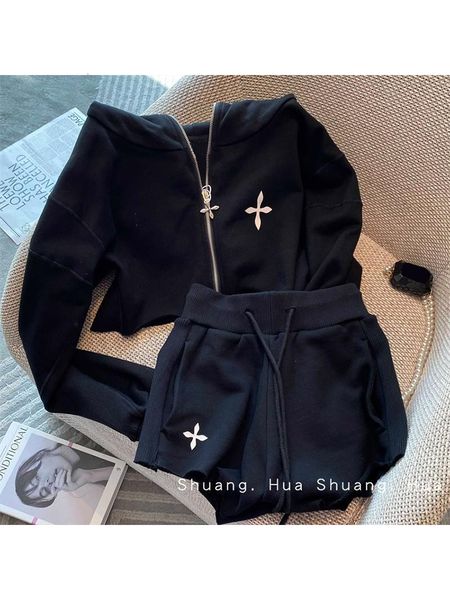 

women s two piece pants printied cros sets loose long sleeves hodied zip up solid elastic mini shorts french style casual set 230223, White