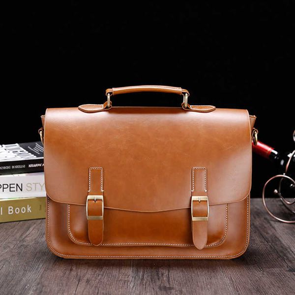 

briefcases men's one shoulder slant cross multi-functional styling horizontal bag business mad horse pu leather briefcase handbag 23022