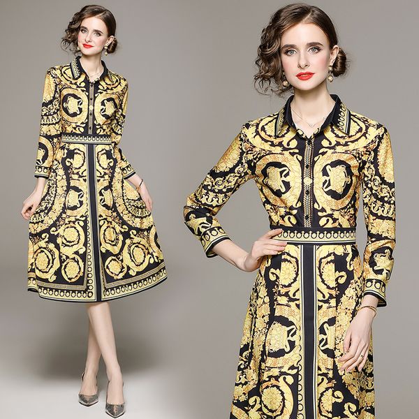 

luxury baroque print dresses long sleeve classic lapel women designer casual shirt dress spring autumn robe weekend cafe vacation woman clot, Black;gray
