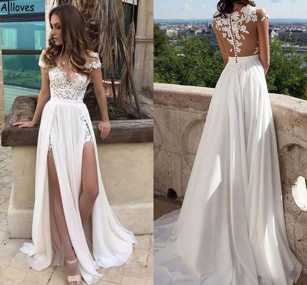 

boho summer beach a line wedding dresses sheer neck lace appliqued flowy chiffon bridal gowns high split simple bride second reception party, White