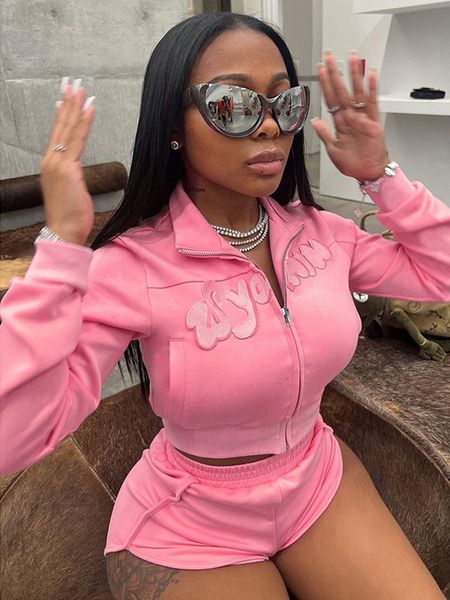 

women's two piece pants autumn soild zipper pockets short sets for women clothes streetwear silm sportswear elastic waist fashion 23022, White