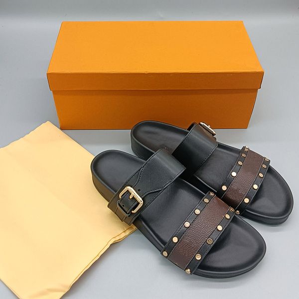 

2023 designer slippers bom dia flat mule cool effortlessly stylish slides 2 straps with adjusted gold buckles women summer men and women ali, Black