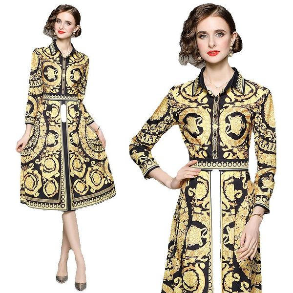 

vintage baroque printed yellow shirt dresses long sleeve 2023 designer runway luxury women midi dress casual office button down ladies party, Black;gray